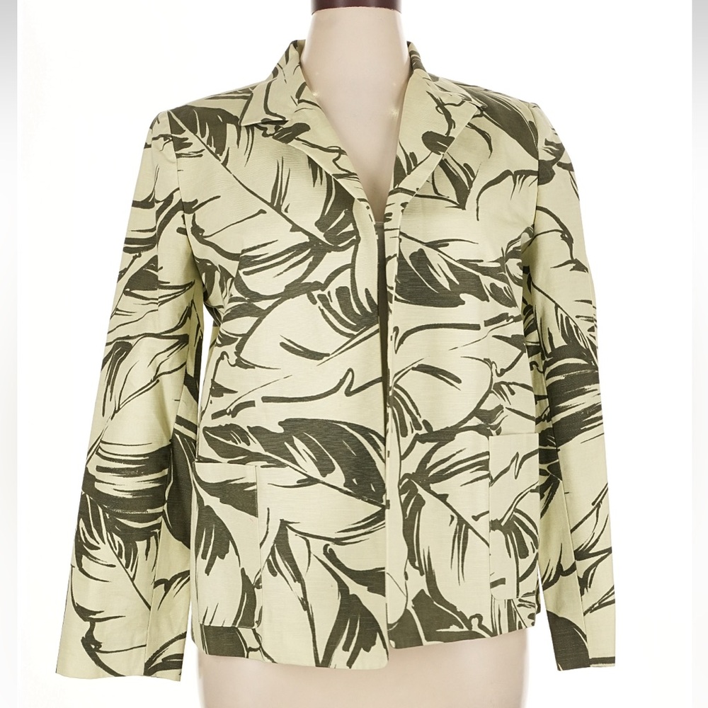 Linda Allard Ellen Tracy Cotton Leaf-Print Blazer Jacket Olive Green Size 14